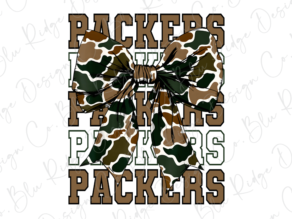 A camouflage-patterned bow made of brown and green fabric, with the text "PACKERS" written in a stylized font above it.
