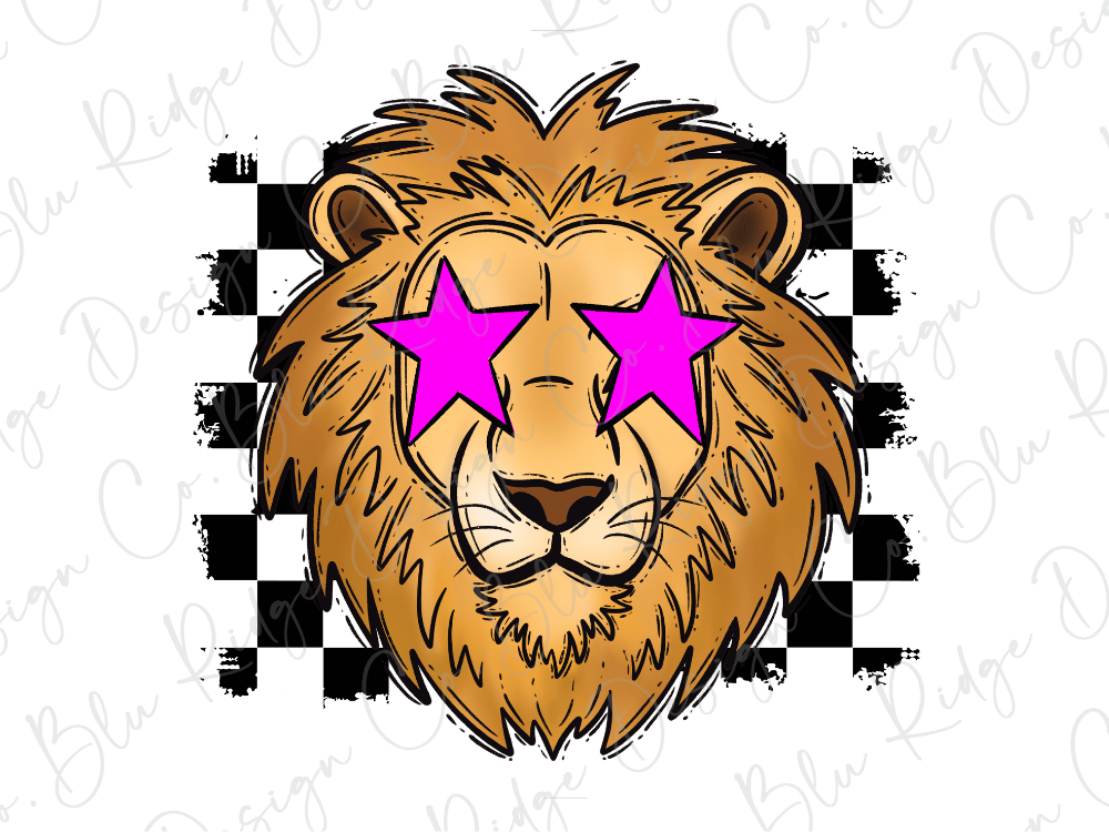 A stylized illustration of a lion's head with pink star-shaped eyes, set against a background with a checkered pattern.