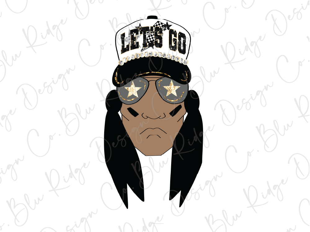 A stylized illustration of a person wearing a hat with the text "LET'S GO" and sunglasses with stars on them.