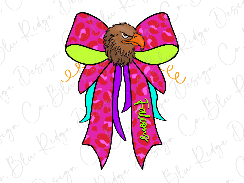 A colorful bow with a bird's head on it, featuring a leopard print pattern and a pink ribbon.