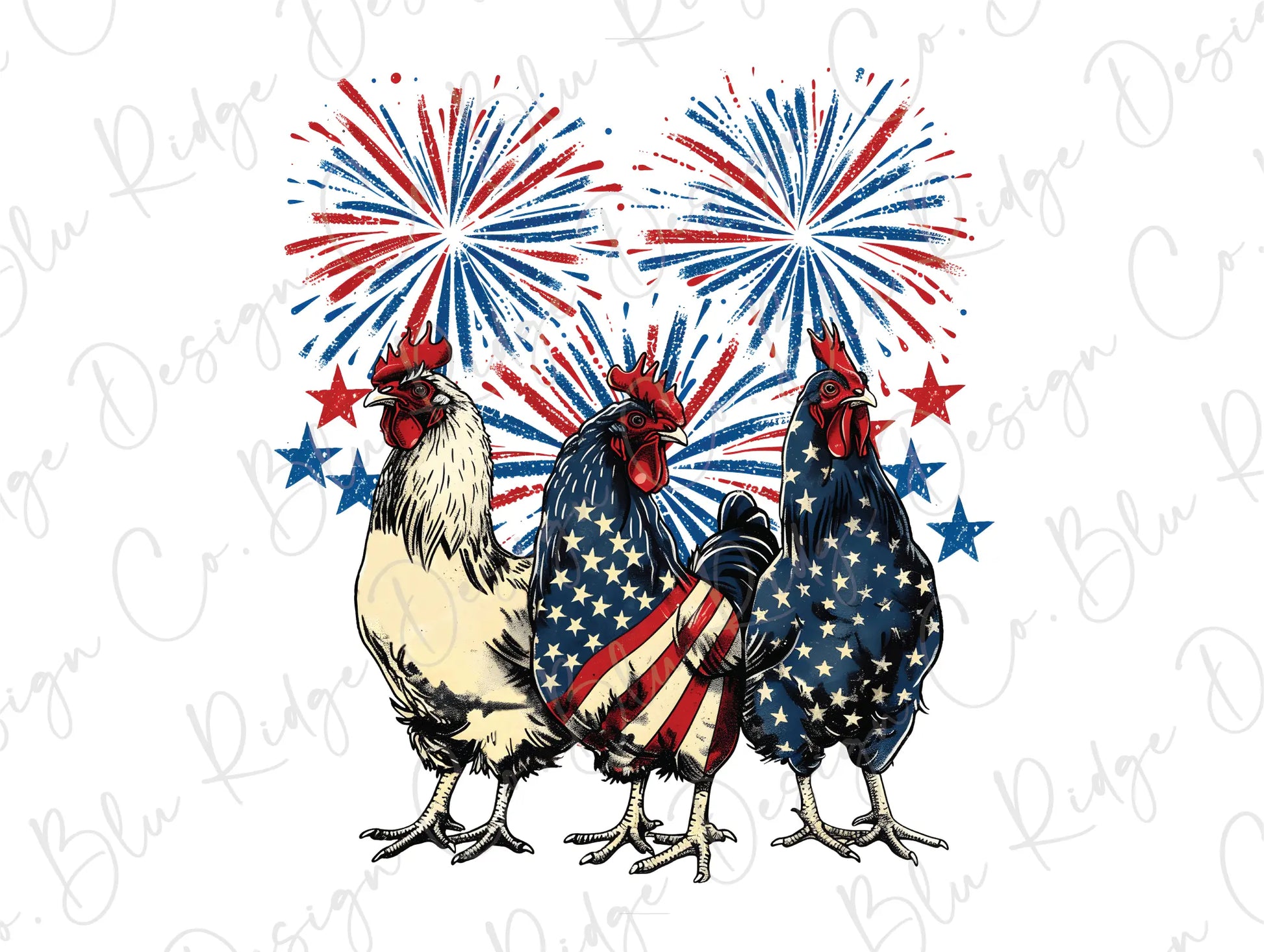 three patriotic roosters with fireworks in the background