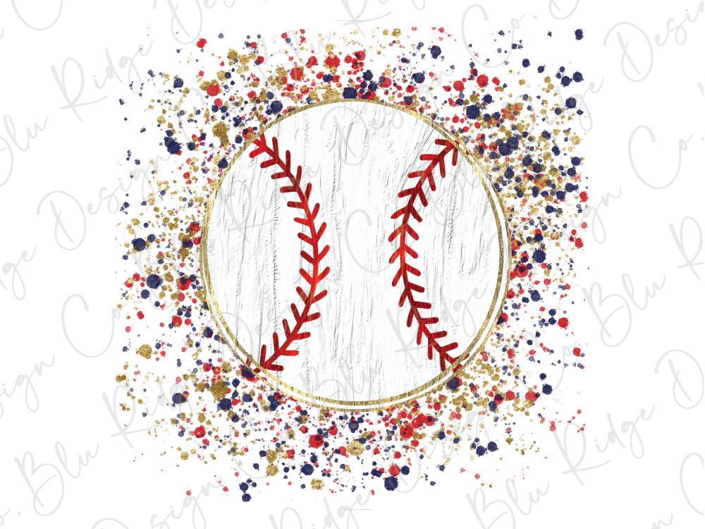 a baseball with a white background and red stitching, surrounded by a colorful array of paint splatters in various shades of red, blue, and gold.