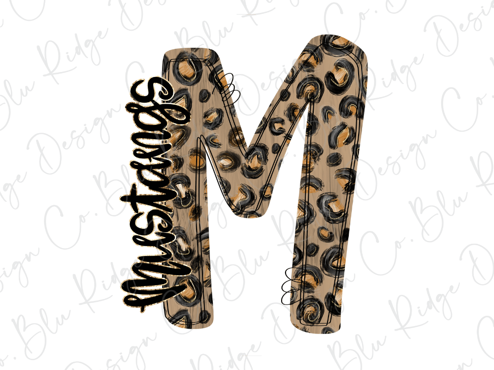 A stylized letter 'M' with a leopard print pattern, featuring the word "Mustangs" written in cursive script.