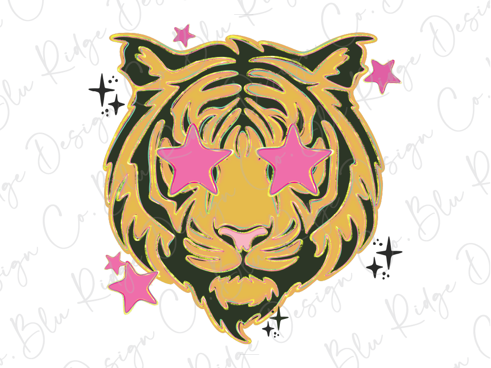 A stylized illustration of a tiger's head with pink stars surrounding it.