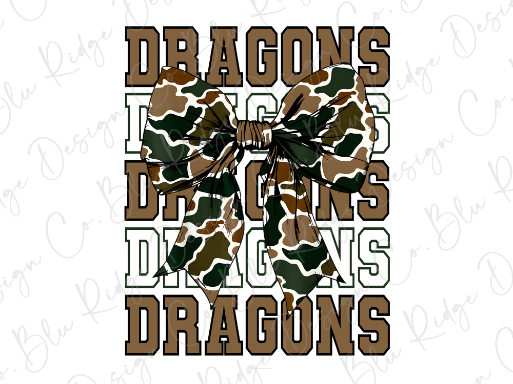 a camouflage bow with the word "DRAGONS" written in a bold, capitalized font below it.