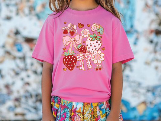 a little girl wearing a pink shirt with a strawberry on it