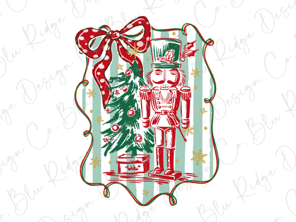 A Christmas-themed illustration featuring a nutcracker figure, a Christmas tree, and a red bow.