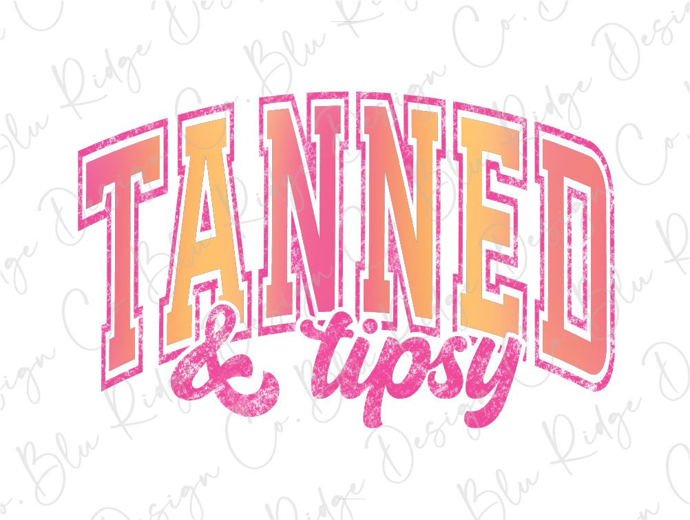 a pink and yellow logo with the words tanned and tipsy