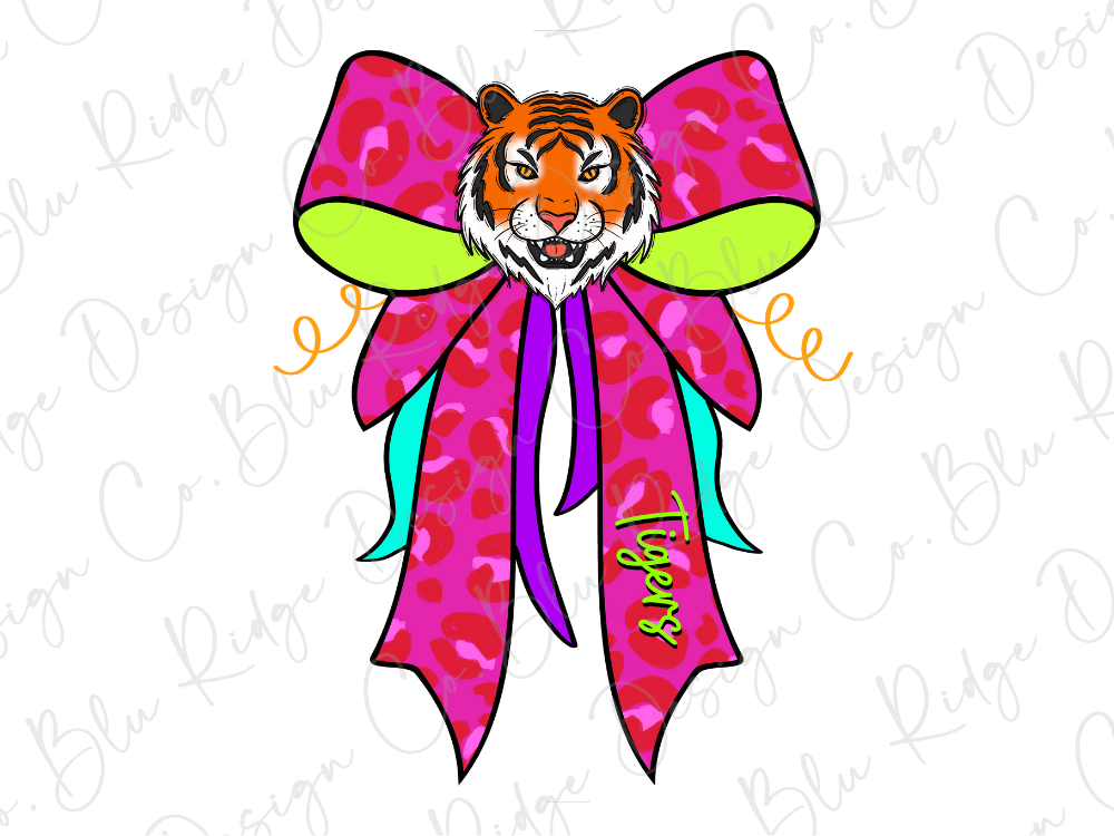A cartoon illustration of a tiger's head wearing a large pink bow with a leopard print pattern.