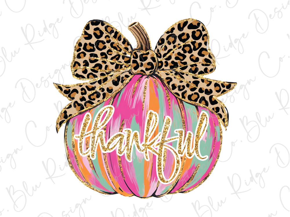 A colorful pumpkin with a leopard print bow and the word "Thankful" written on it.