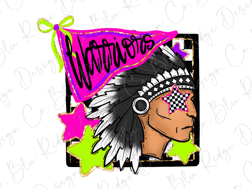 a stylized illustration of a Native American headdress with a star-shaped eye patch, surrounded by colorful geometric shapes and the word "Warriors" written on a flag.