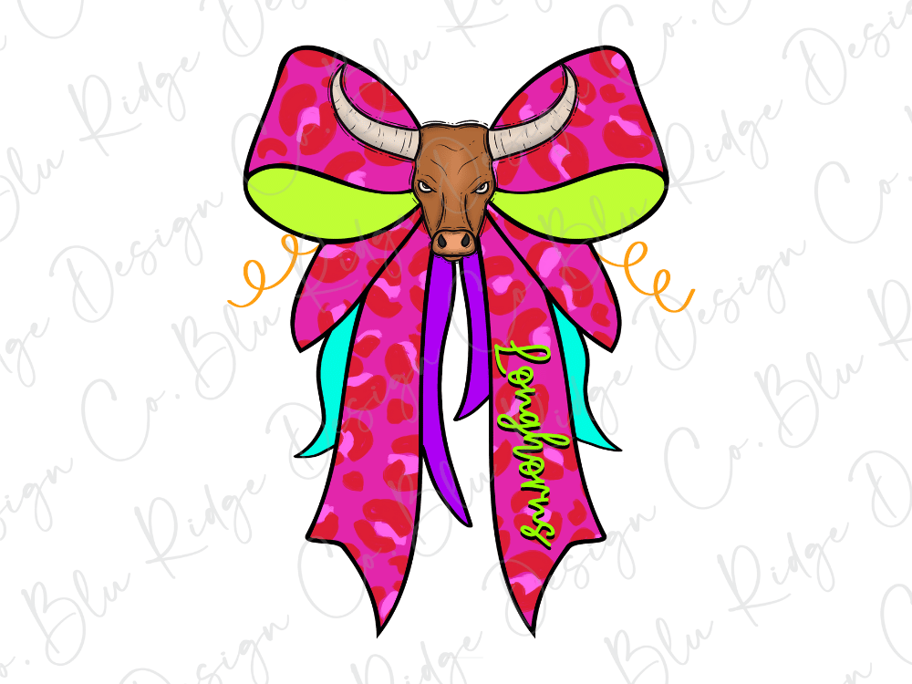 A cartoon illustration of a bull's head wearing a pink bow with a green and red pattern.