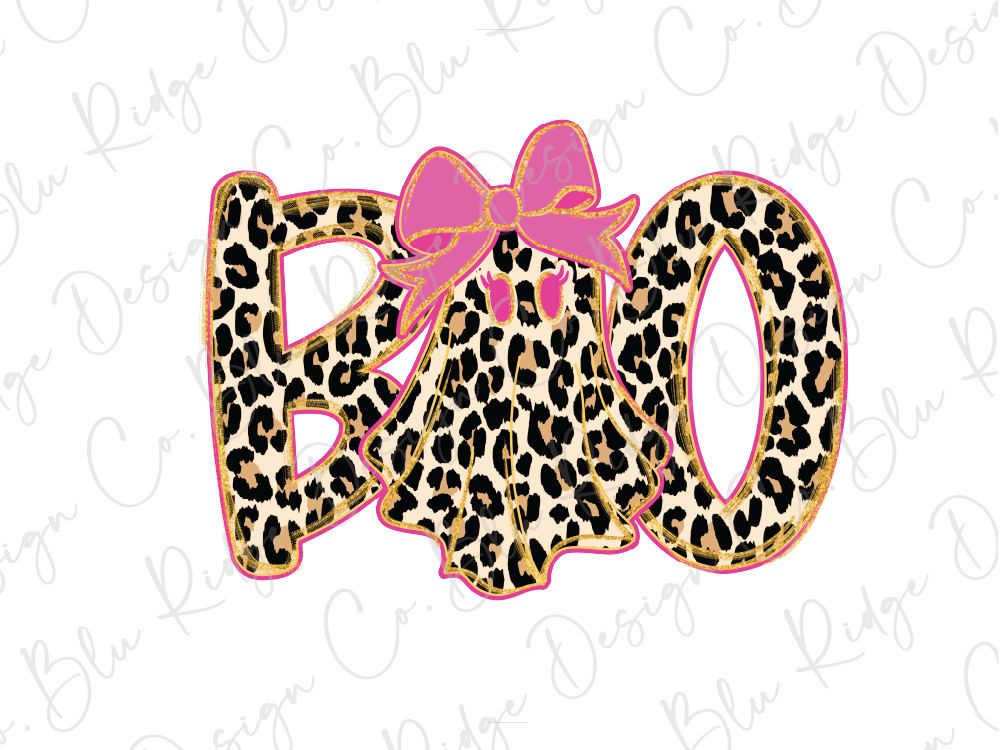 A stylized image featuring the word "BOO" in a leopard print pattern with a pink bow.