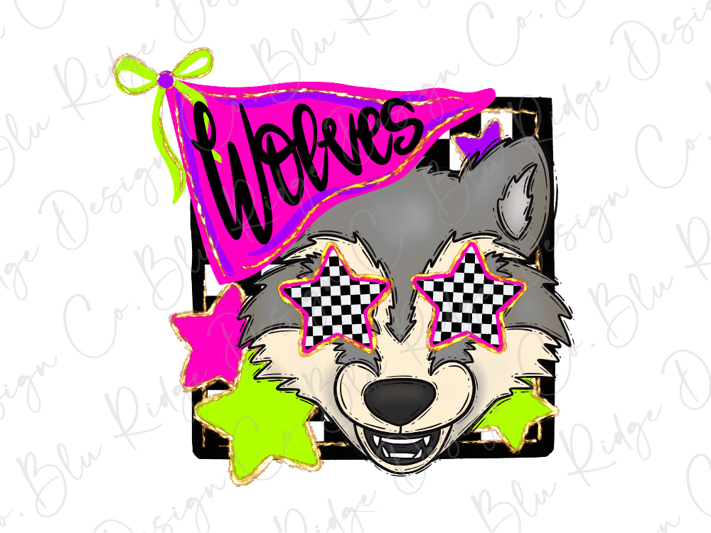 A cartoon wolf wearing sunglasses with checkered stars, surrounded by a pink and green banner with the word "Wolves" written on it.