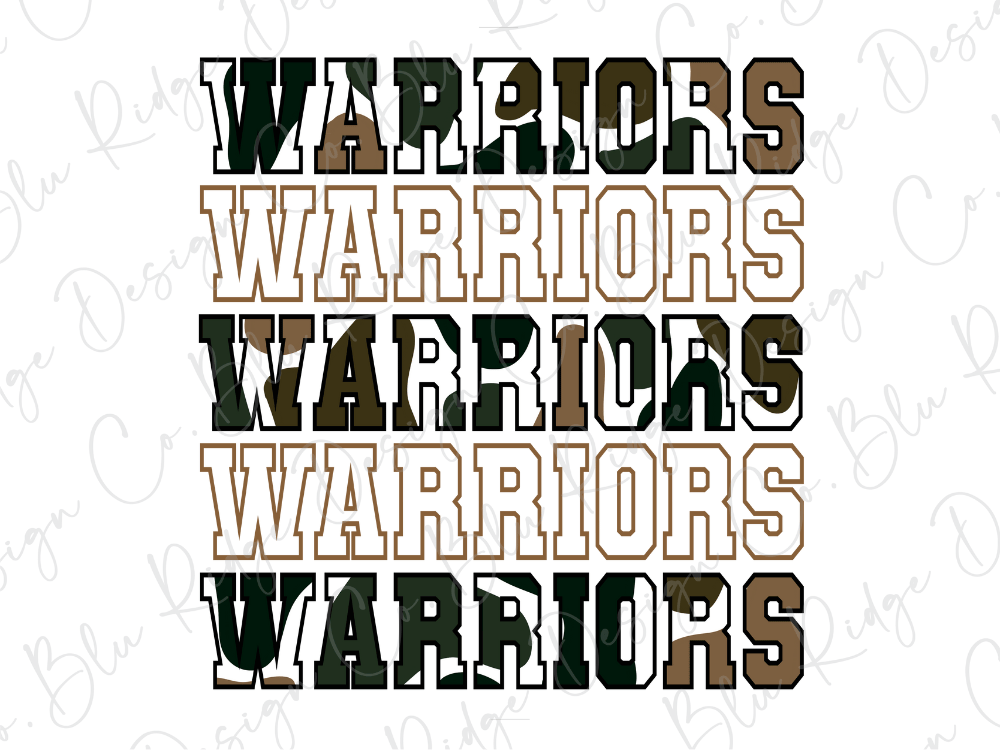 the word "WARRIORS" repeated in various sizes and orientations, creating a visually striking and textured effect.