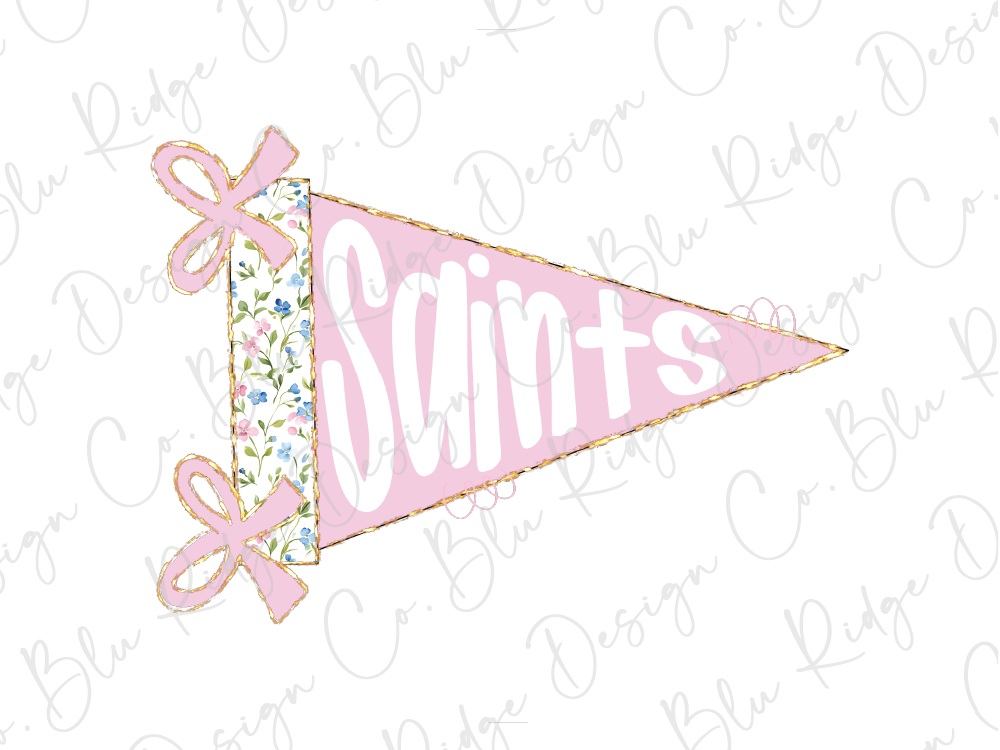 A pink triangular flag with the word "Saints" written on it, along with two pink bows.