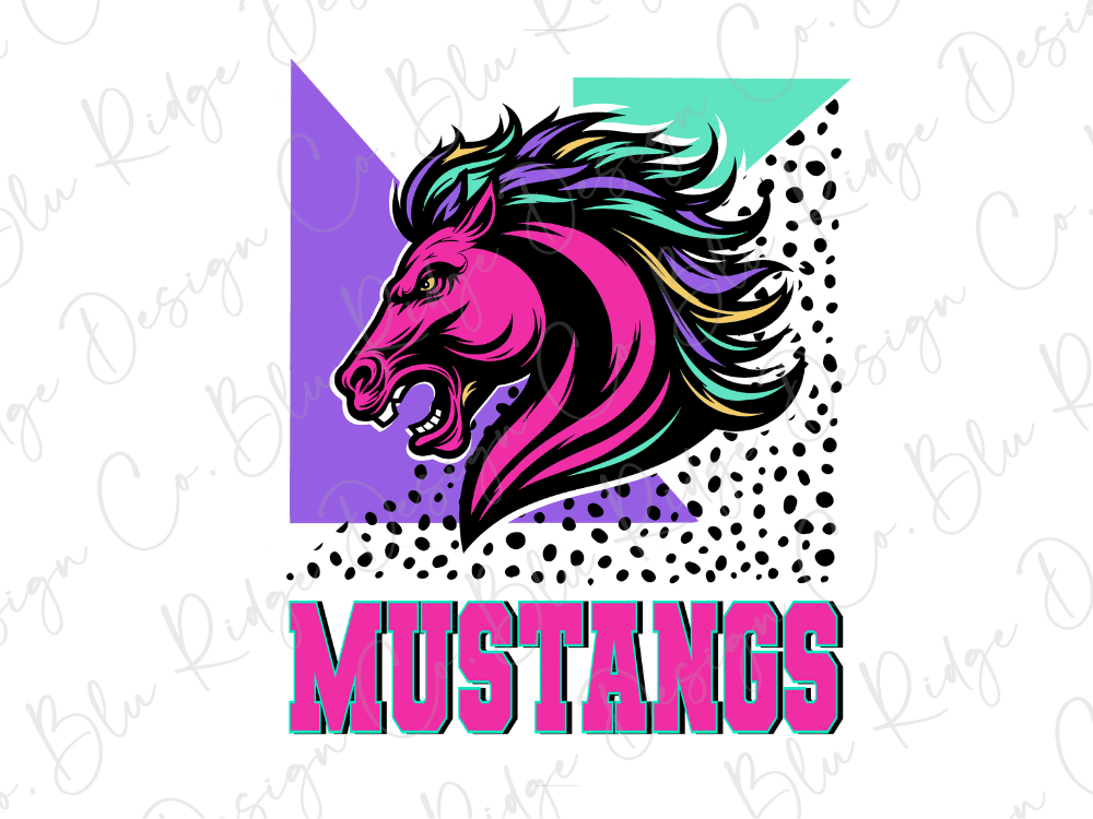 a stylized illustration of a pink and purple horse with a multicolored mane, accompanied by the text "MUSTANGS" in bold, pink letters.