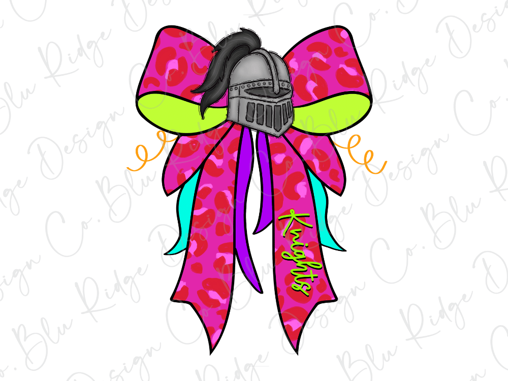 A colorful bow with a knight helmet on it, featuring a pink and green pattern.