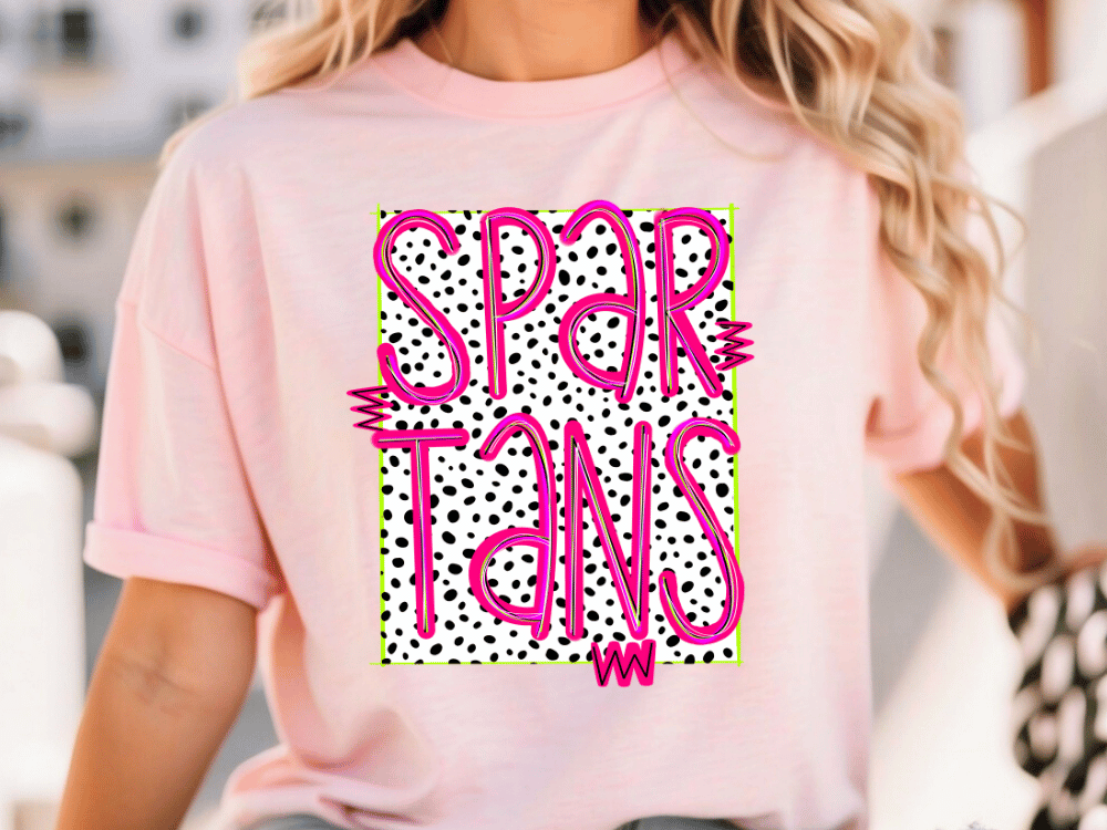 A woman wearing a pink t-shirt with the text "SPAR TANS" printed on it.