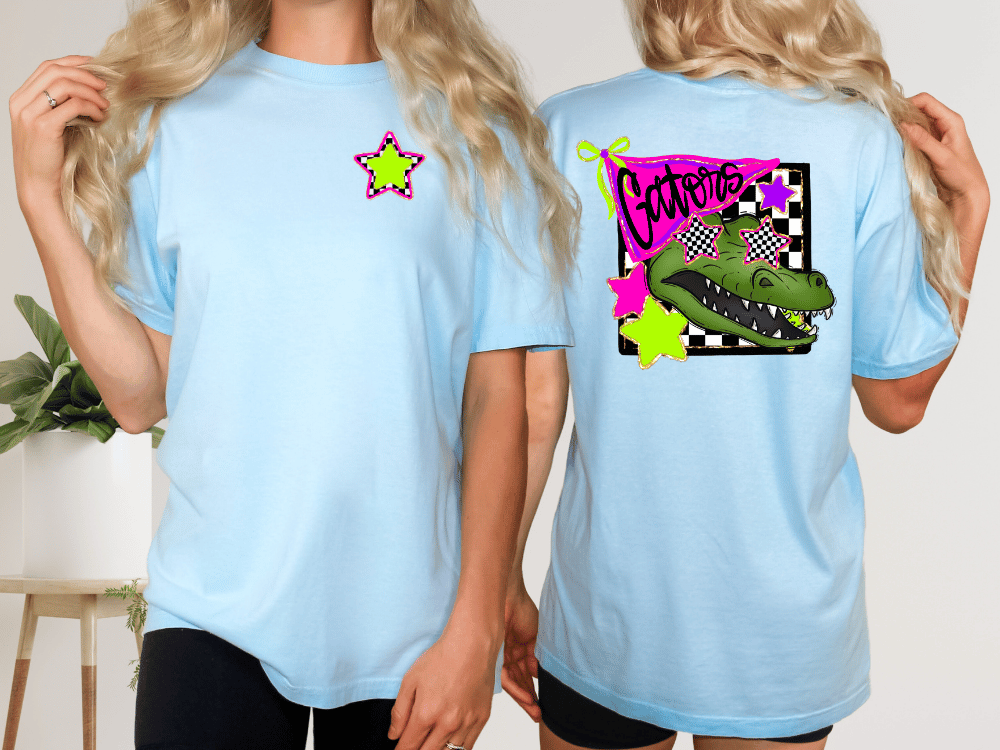 two different views of a woman wearing a light blue t-shirt with a graphic design on the back.