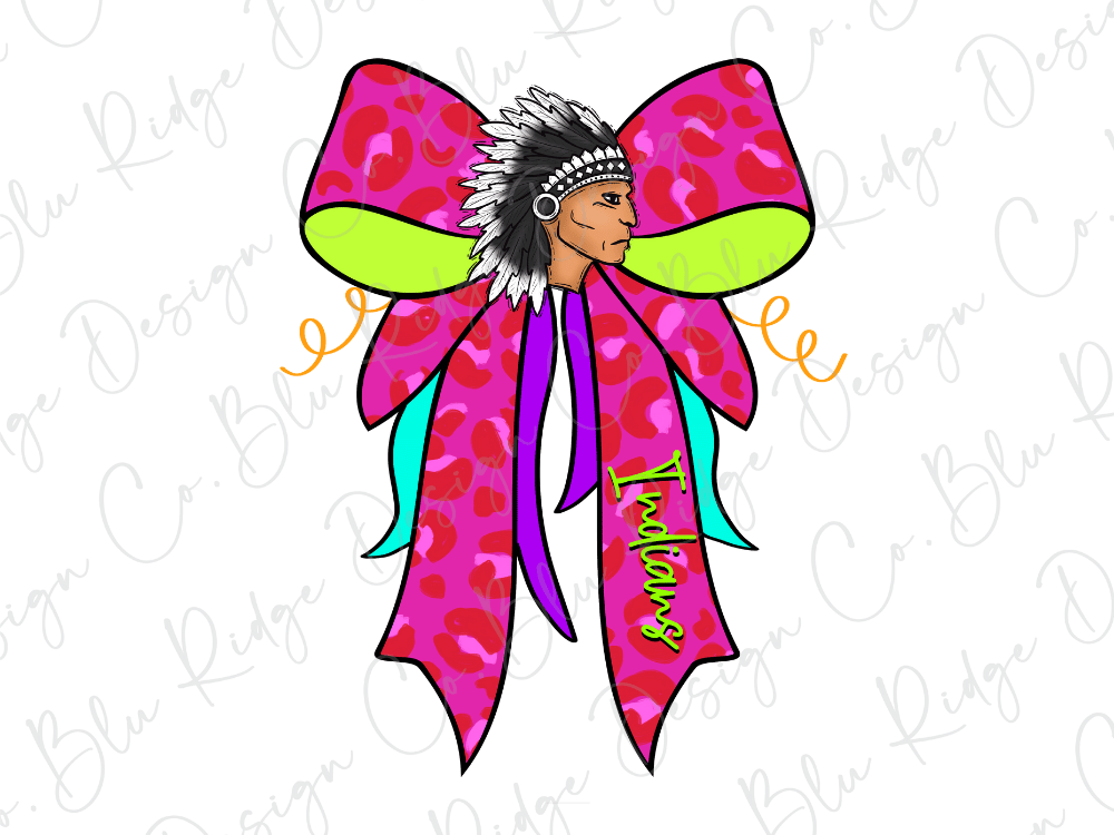 A colorful illustration of a Native American head wearing a headdress, with a large pink bow featuring a leopard print pattern and the word "Indians" written on it.