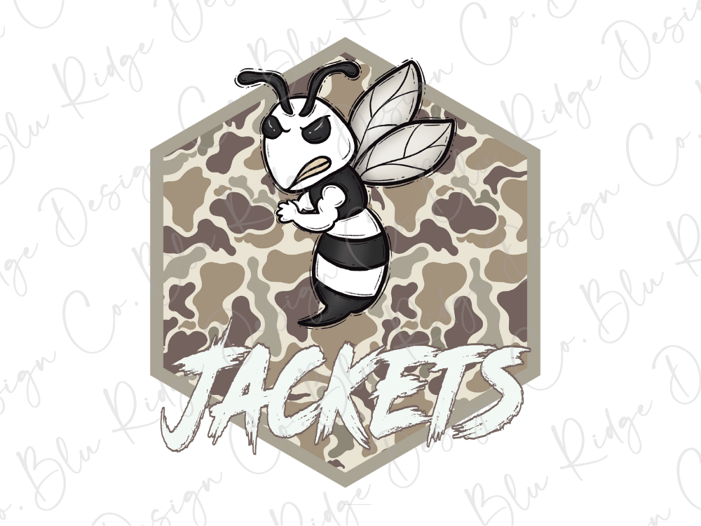 A cartoon bee with a striped body and a camouflage pattern on the background, along with the word "JACKETS" written below it.