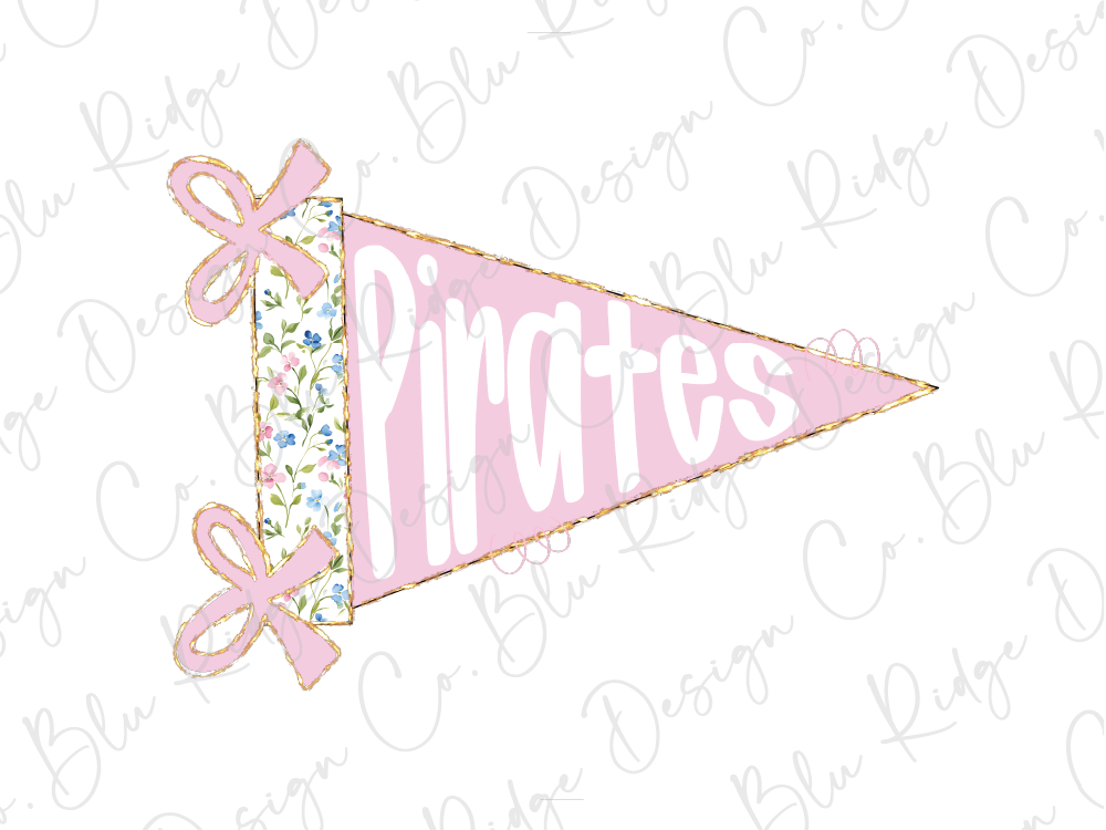 A pink triangular flag with the word "PIRATES" written on it, along with two pink bows.