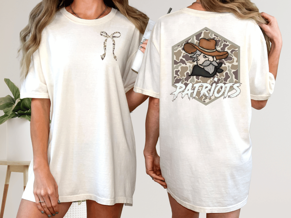 two different views of a white t-shirt with a graphic design on the back. The design features a cartoon character wearing a cowboy hat and the word "Patriots" written below it.