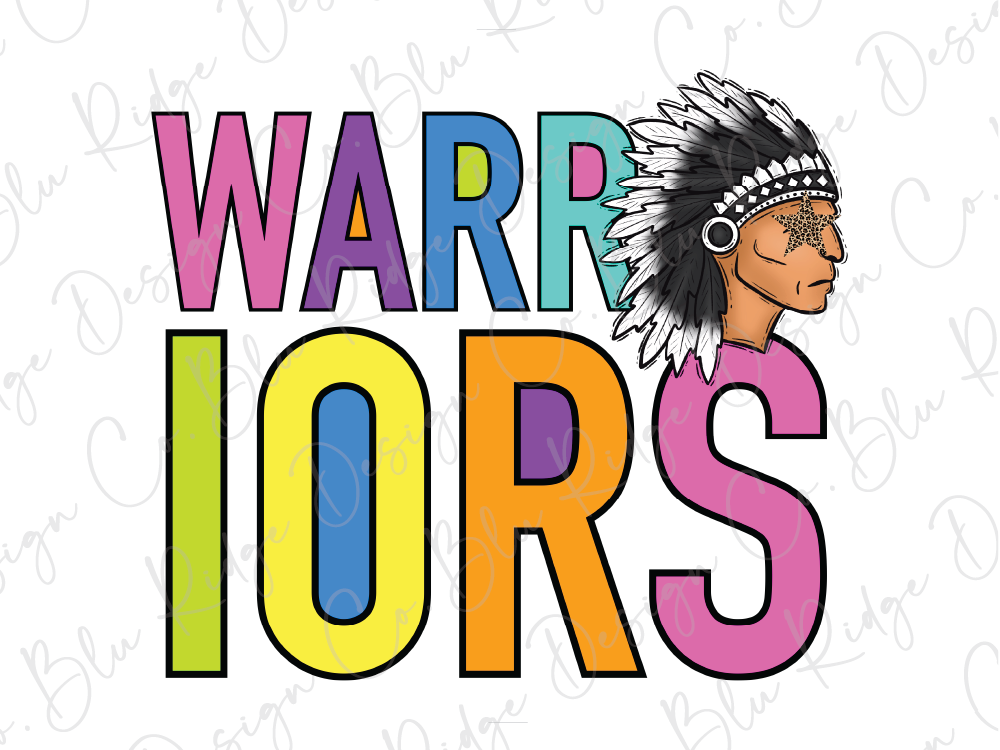 a colorful and stylized representation of the word "WARRIORS" with a Native American headdress or Indian headdress on the right side.