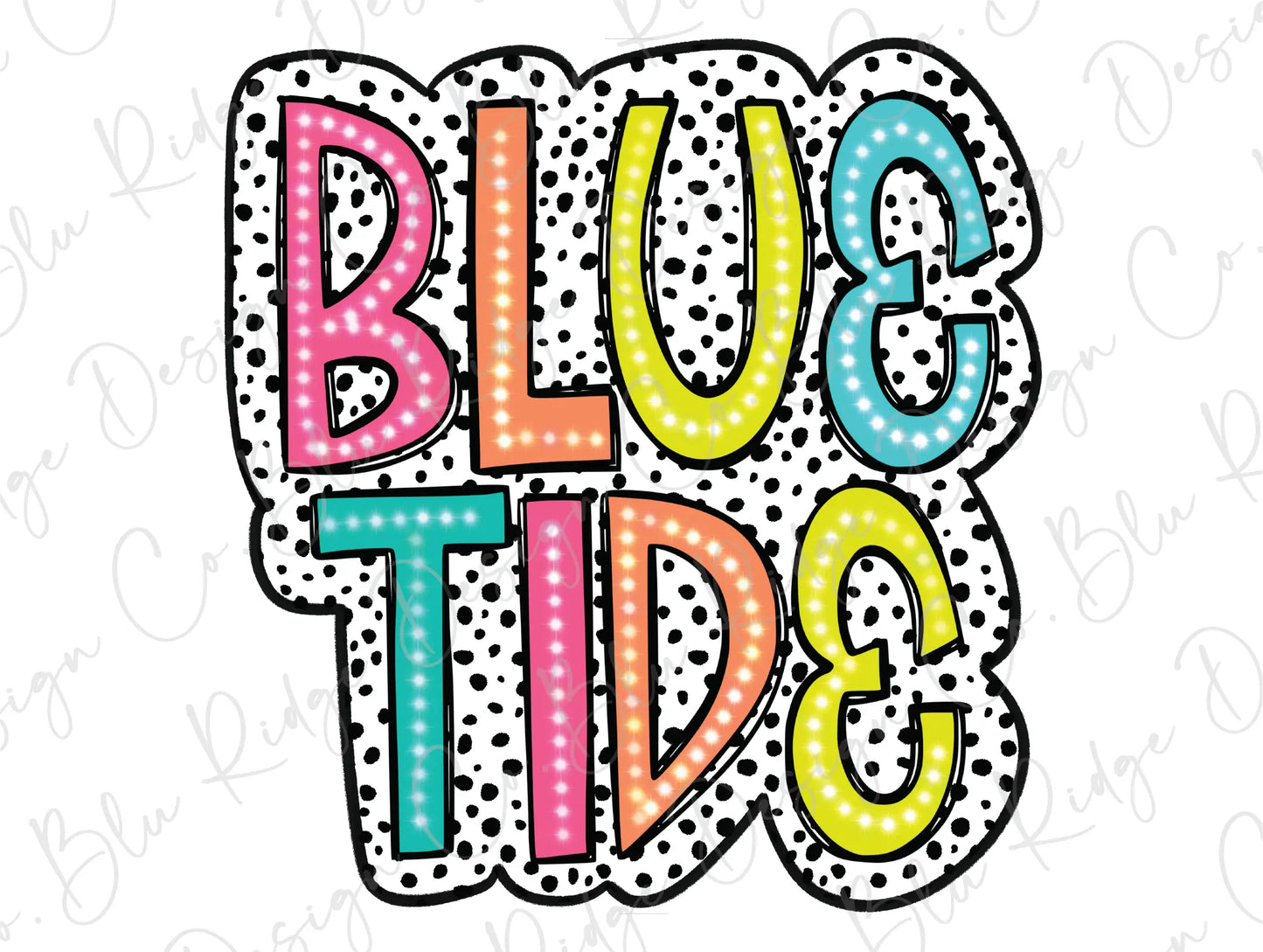 the word blue tidg with polka dots on a white background