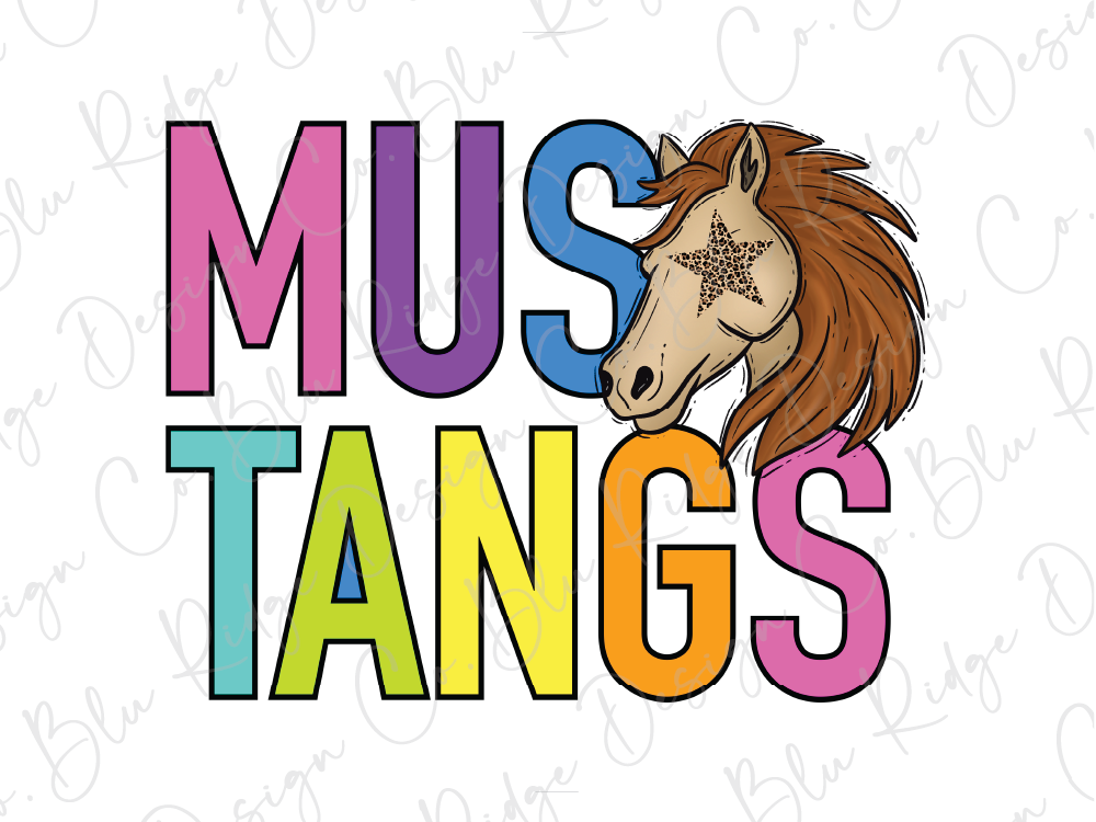 a stylized text that reads "MUS TANG" with a horse's head and star design.