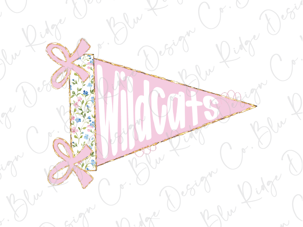 A pink triangular flag with the word "Wildcats" written on it, along with two pink bows.