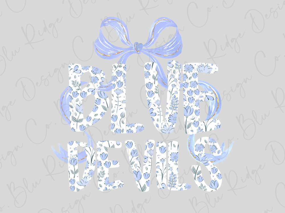 the word "BLUE DEVILS" written in a stylized, floral-patterned font, with a blue ribbon bow above it.