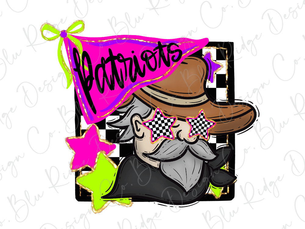 a cartoon character wearing sunglasses and a hat, with the word "Patriots" written on a flag above them.