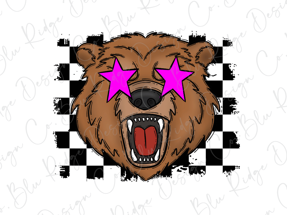 A cartoon image of a brown bear with pink star-shaped eyes, appearing to be shouting or roaring with its mouth open.