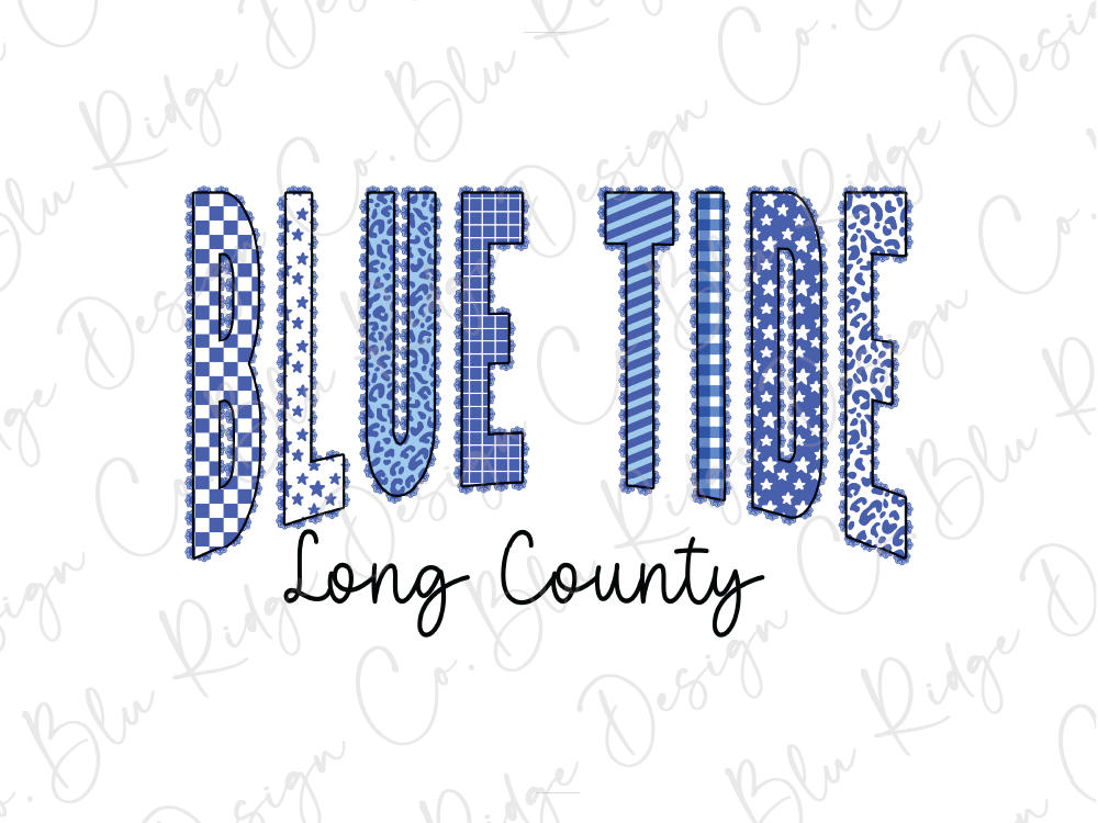 the text "BLUE TIDE Long County" in a stylized font, with the word "BLUE" in a checkered pattern and "TIDE" in a striped pattern. The text is arranged in a way that it appears to be part of a larger design or collage, with the word "BLUE" and "TIDE" being the most prominent elements.