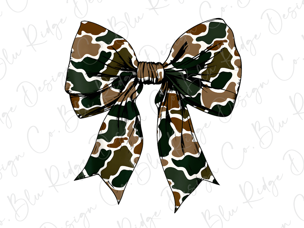 A camouflage-patterned bow made of fabric or paper.