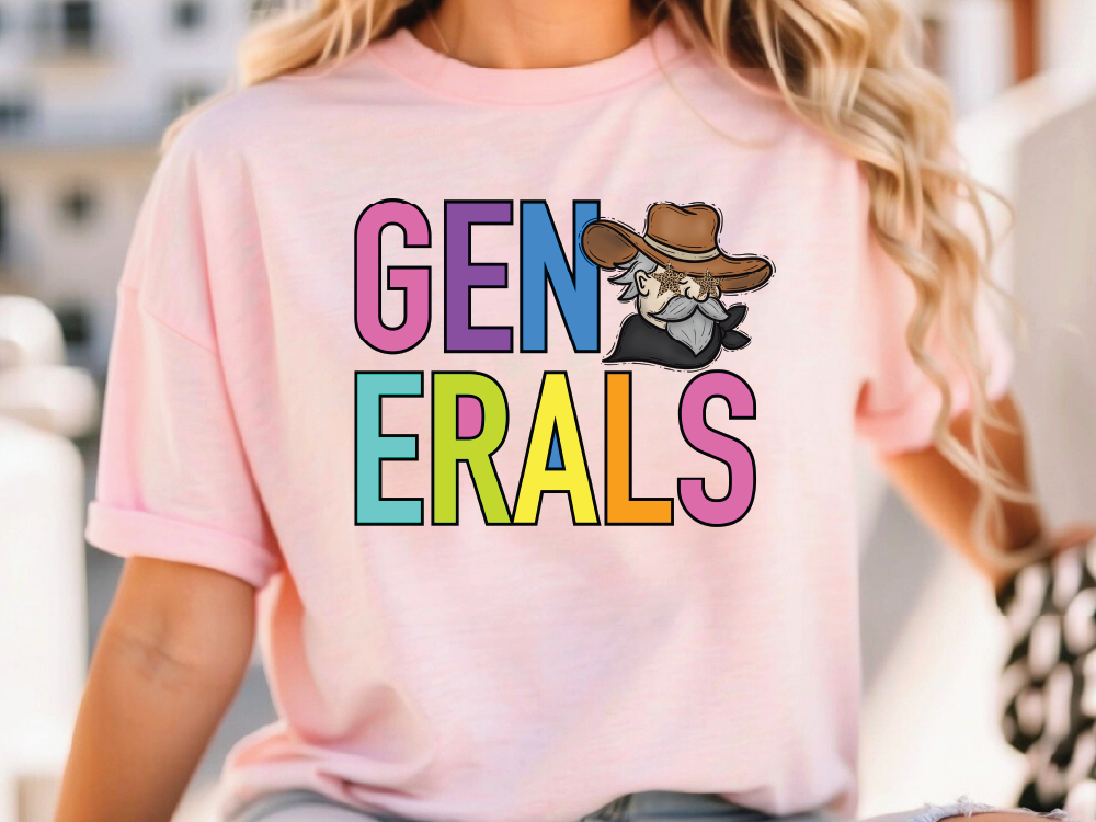 A woman wearing a pink t-shirt with the text "GENERALS" and a cartoon character on it.
