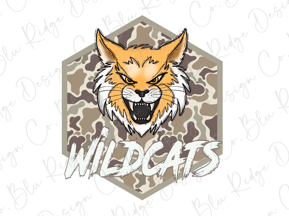 A stylized illustration of a wildcat's head with a camouflage pattern, accompanied by the word "WILDCATS" written below it.