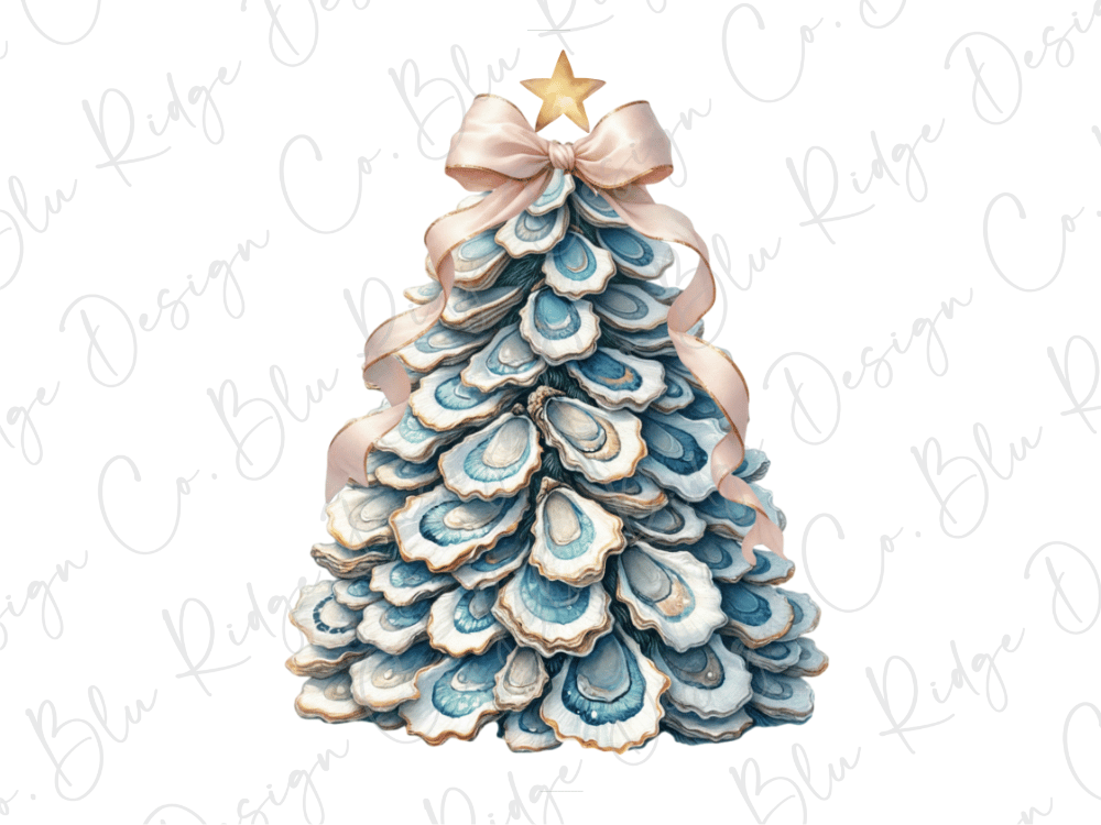 A Christmas tree made of blue and white oyster shells, adorned with a pink ribbon and a gold star, against a white background.