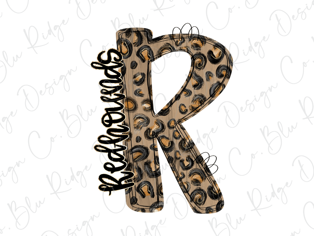 A stylized letter 'R' with a leopard print pattern, featuring the word "Redlands" written in cursive script.