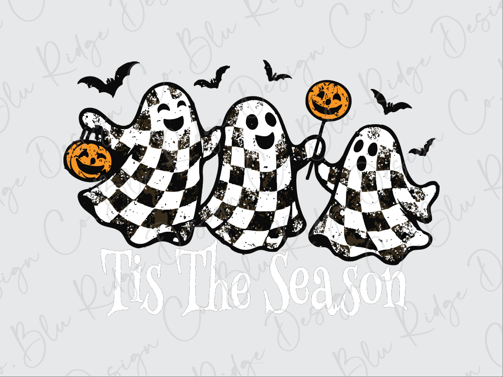 three black and white checkerboard ghost characters holding carved jack-o-lanterns, with the text "Tis the Season" written below them.