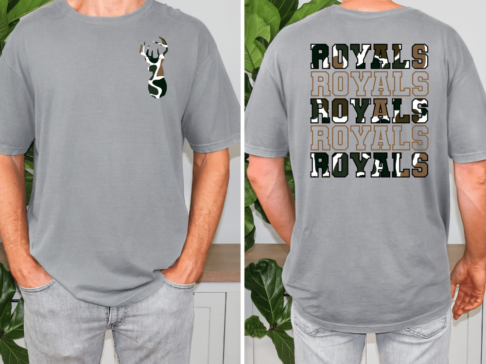 a man wearing a gray t-shirt with a camouflage pattern and the text "ROYALS ROYALS ROYALS" printed on the back.