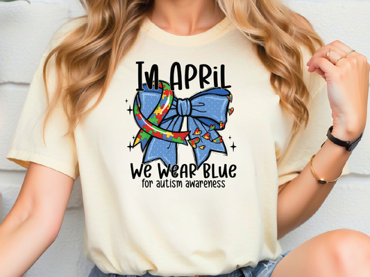 a woman wearing a t - shirt that says i'm april we were blue
