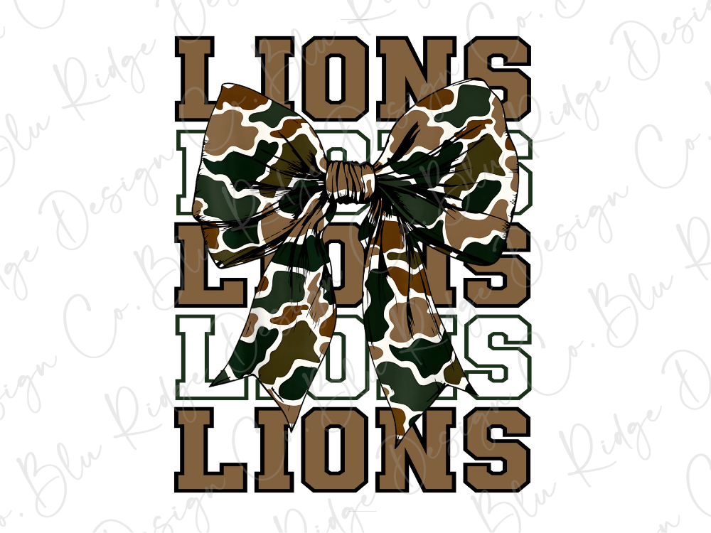 A camouflage bow with the word "LIONS" written in a stylized font.