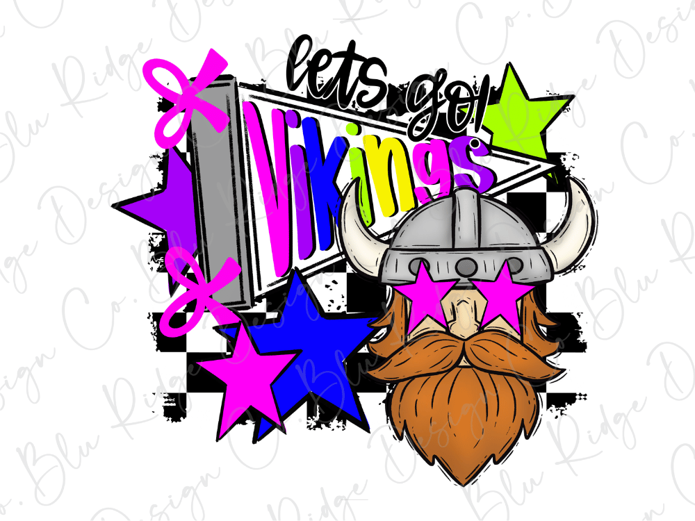 a Viking helmet with horns and a beard, surrounded by colorful stars and text that says "Let's go Vikings".