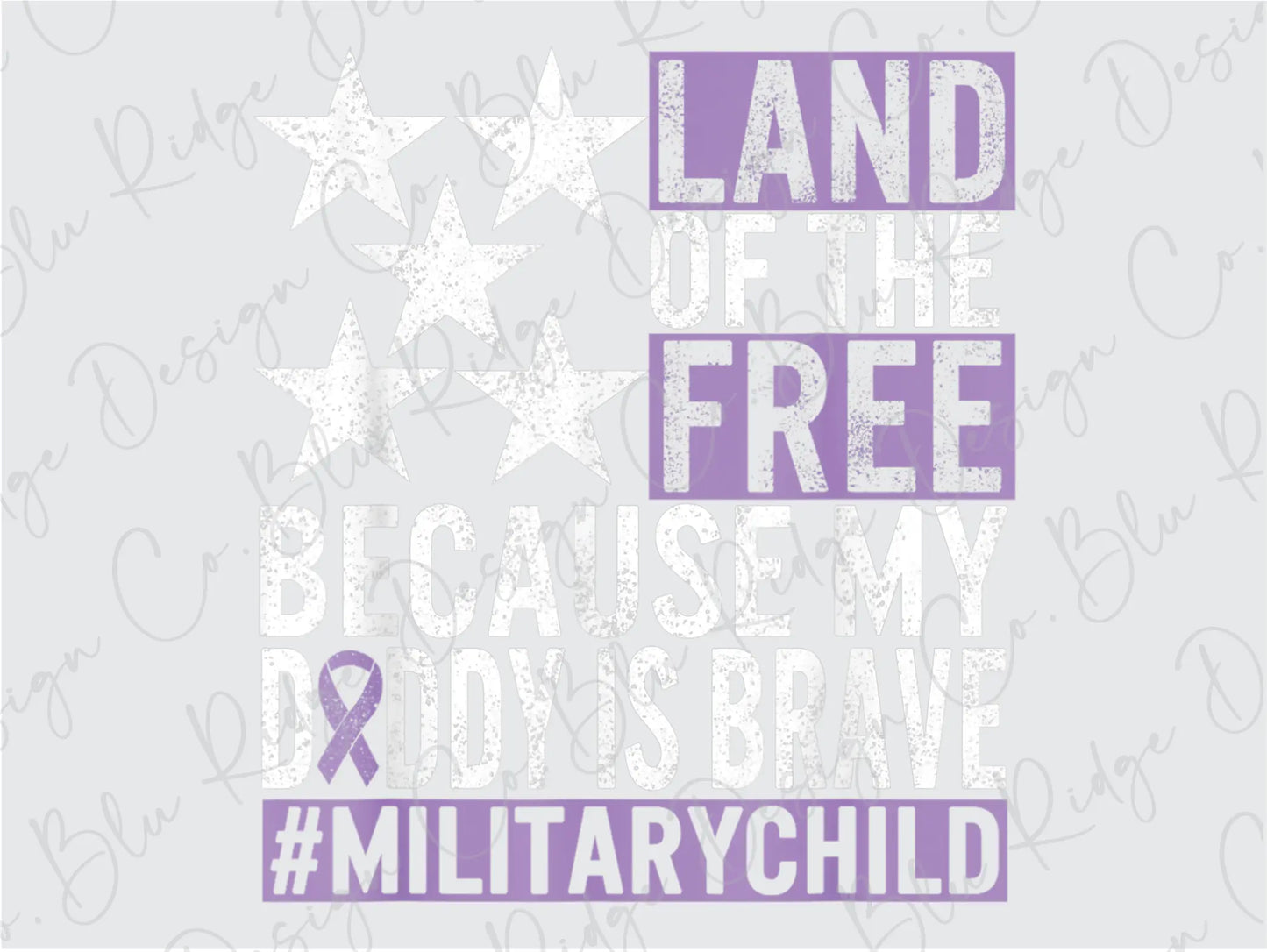 a purple and white poster with the words land of the free against the military child