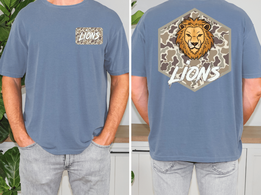 a man wearing a blue t-shirt with a lion graphic and the word "LIONS" printed on it.