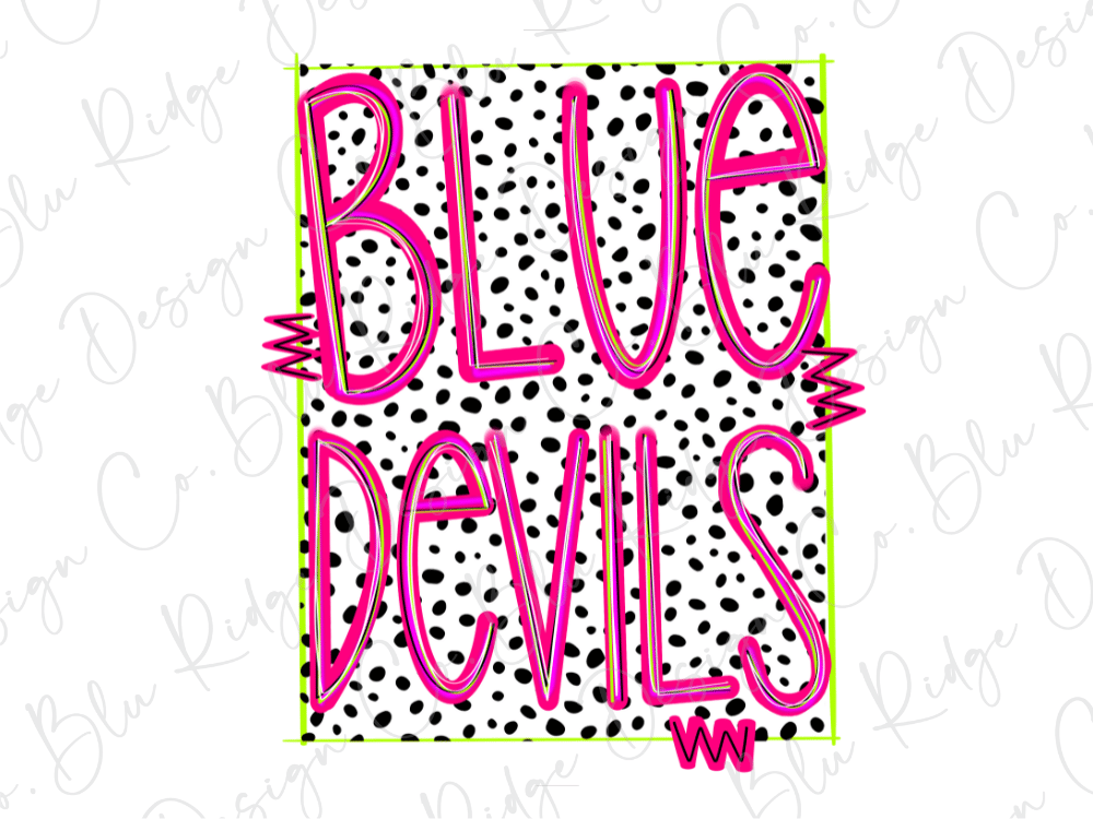 the text "BLUE DEVILS" in a bold, pink font against a background of black and white polka dots.