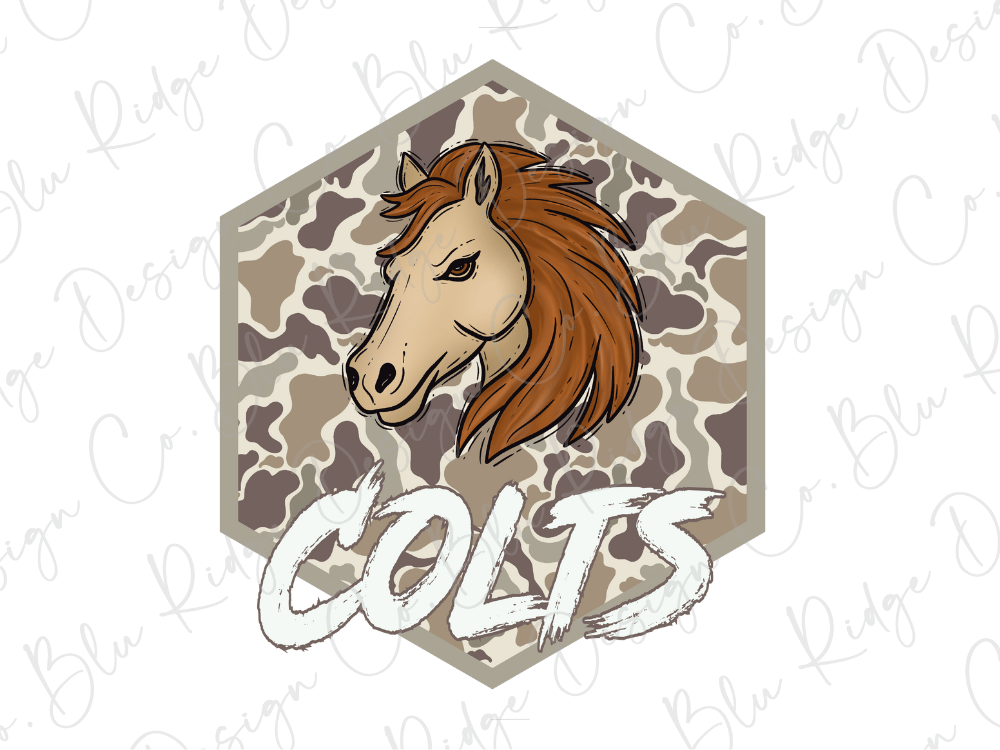 A stylized illustration of a horse's head with a camouflage pattern, accompanied by the word "COLTS" written below it.